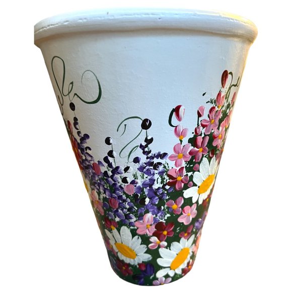 Sublime Handpainted TERRACOTTA VASE Planter Pot Wraparound Flowers Glazed 7.5" T - Picture 9 of 16